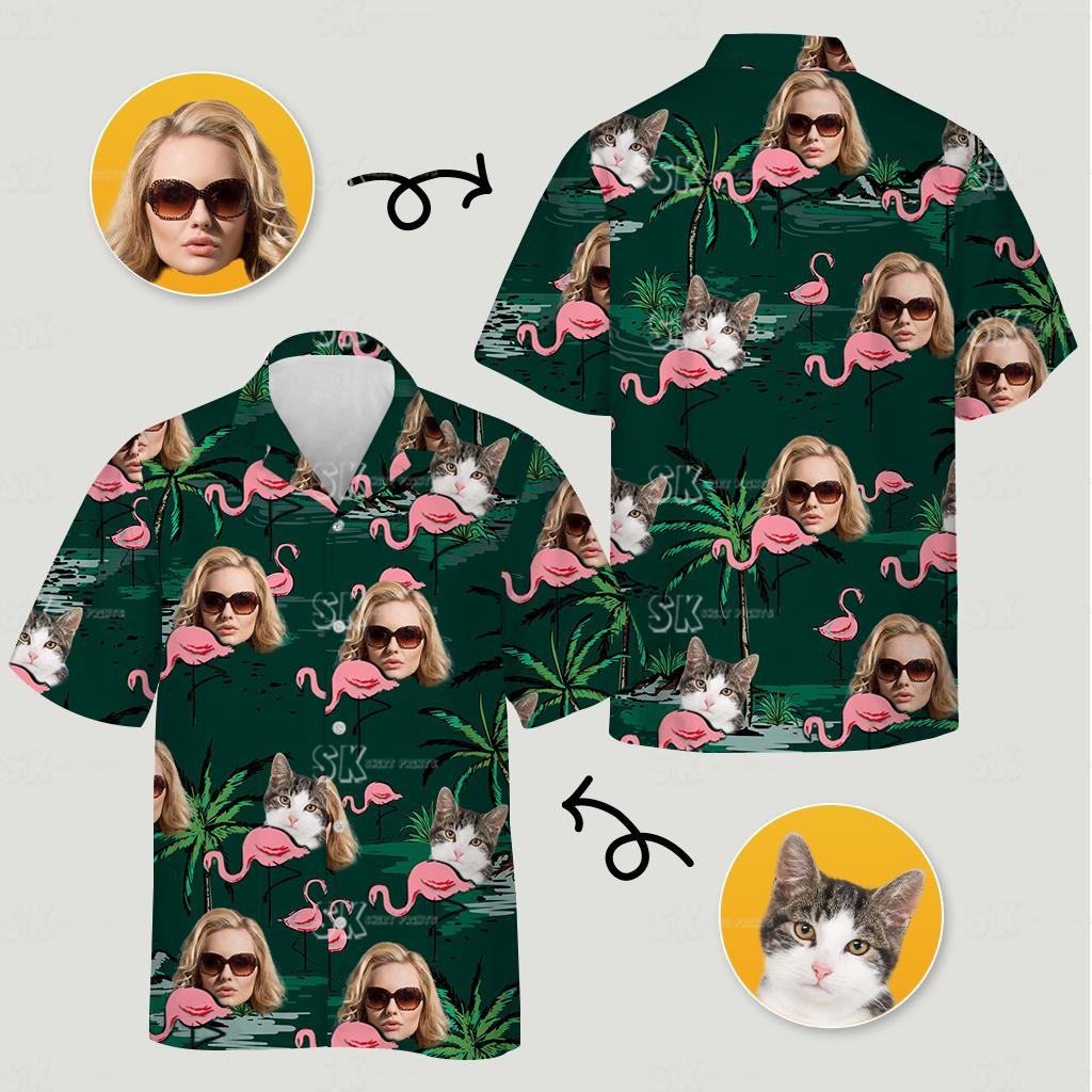A flamingo hawaiian shirt womens style with pink flamingos, cats, leaves, and water background