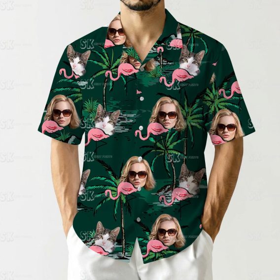 Flamingo hawaiian shirt womens design with pink flamingos, palm trees, cat and sunglasses head