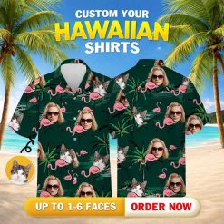 Flamingo hawaiian shirt womens style with pink flamingos, cat faces, palm trees and person faces