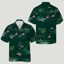 Flamingo hawaiian shirt womens style featuring pink flamingos amid palm trees and water on dark green fabric