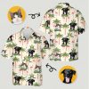 Flamingo tropical shirt showing cats and dogs framed by tropical leaves and palm trees