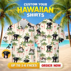 Flamingo tropical shirt with dog and cat faces, palm trees, and bright green leaves