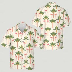 Custom flamingo tropical shirt featuring pink flamingos and green palm trees on a light background