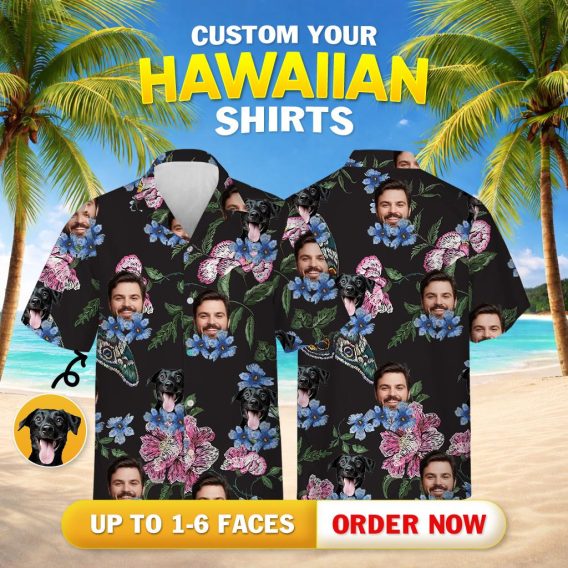 hawaiian aloha shirts mens with faces, dog, blue and pink flowers, green leaves, butterfly