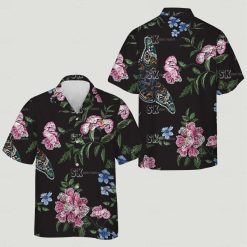 hawaiian aloha shirts mens with pink flowers, green leaves, blue flowers, and butterfly on black