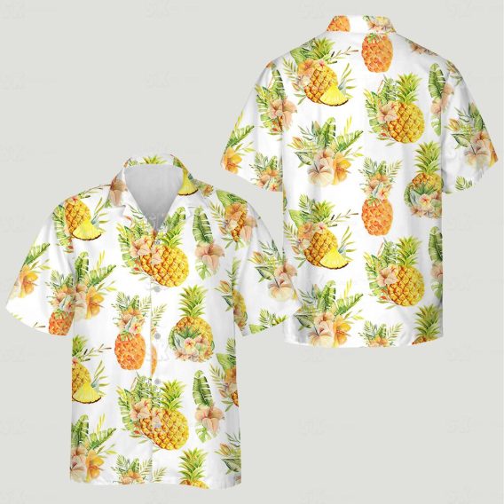 hawaiian button down shirt women's features pineapples and vibrant tropical flowers on white background