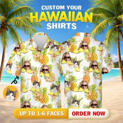 Hawaiian button down shirt women's style featuring pineapples, cat, woman in sunglasses, and leaves
