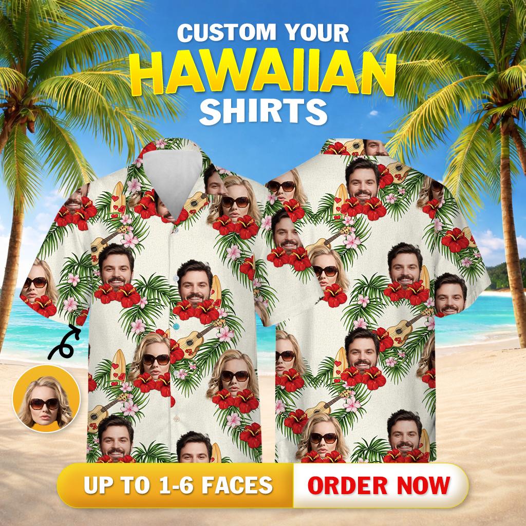 Hawaiian costume for couples with palm leaves, hibiscus, surfboards, faces