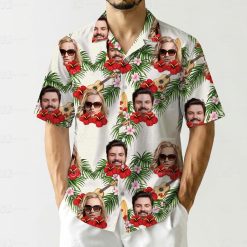 Hawaiian costume for couples with hibiscus flowers, palm leaves, faces, and surfboards