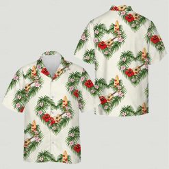 Hawaiian costume for couples with ukulele, surfboards, flowers, palm leaves