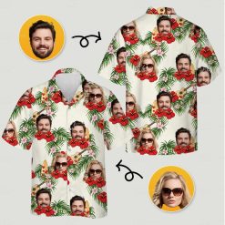 Hawaiian costume for couples with hibiscus, plumeria, palm leaves, ukuleles