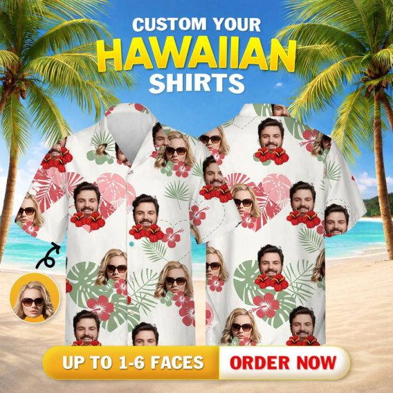 hawaiian matching couple outfits with faces, hibiscus flowers, and tropical heart designs