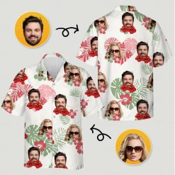 hawaiian matching couple outfits featuring faces, hibiscus flowers, palm leaves and heart shapes