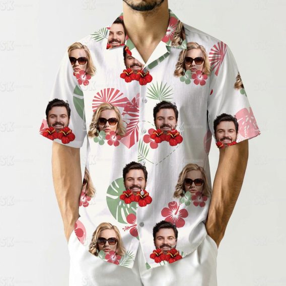 Hawaiian matching couple outfits with faces, sunglasses, hibiscus flowers, and tropical leaves