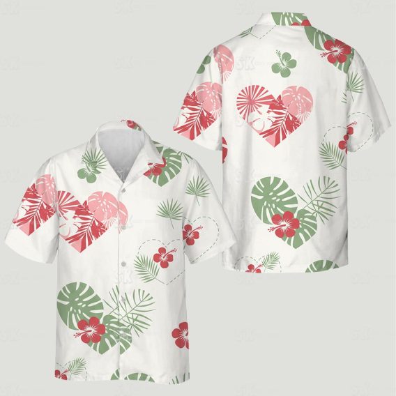 Hawaiian matching couple outfits with heart-shaped floral and tropical leaf designs