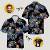 hawaiian shirt dog face with floral pattern, dog's face and person's face on black background