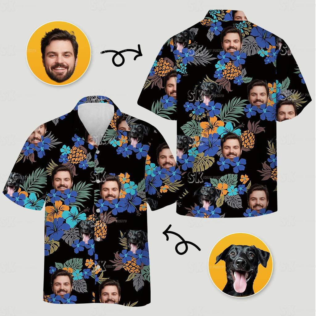 hawaiian shirt dog face with floral pattern, dog's face and person's face on black background