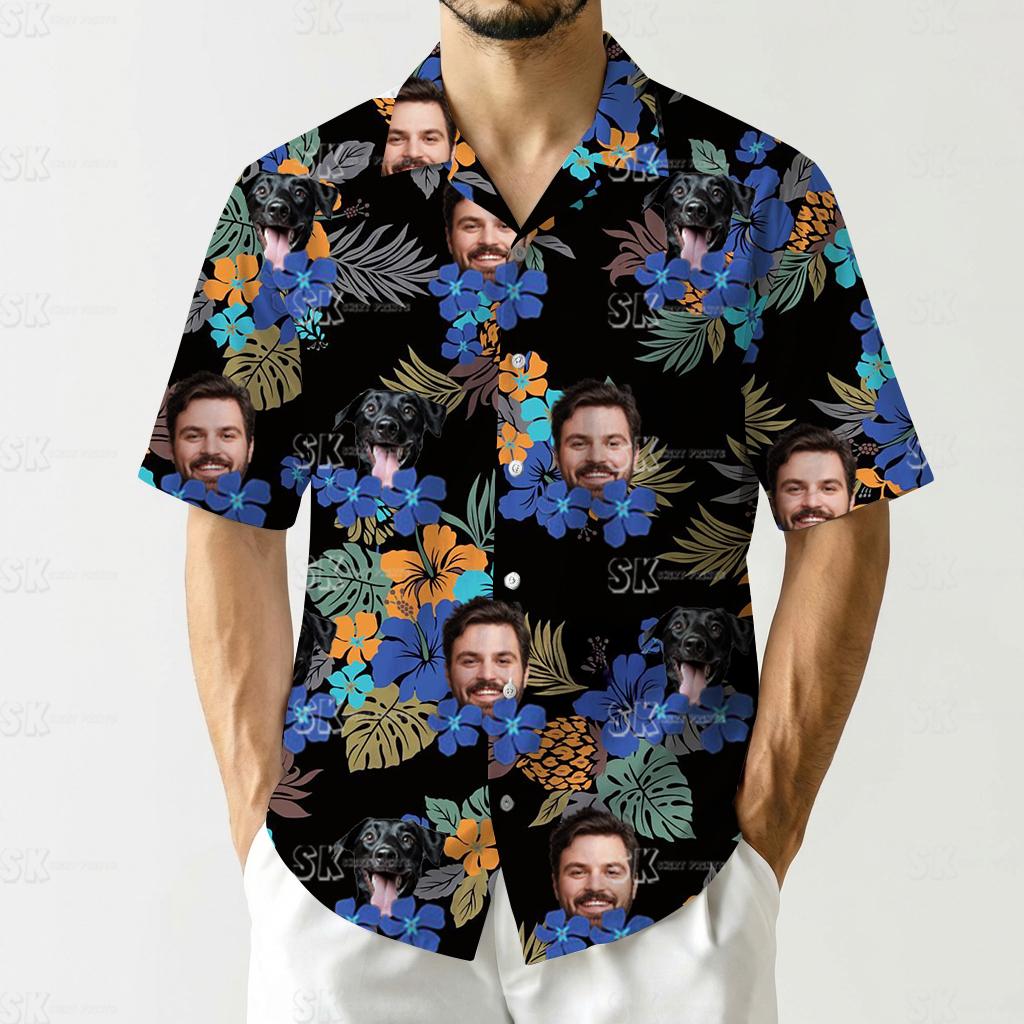 hawaiian shirt dog face design with tropical flowers, green leaves, and pineapples