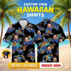 Hawaiian shirt dog face pattern with tropical leaves, pineapples, and colorful flowers on black