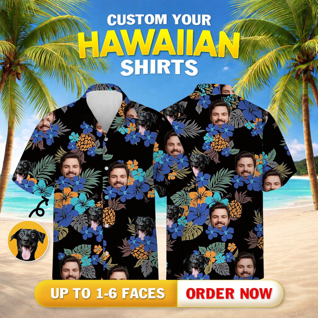 Hawaiian shirt dog face pattern with tropical leaves, pineapples, and colorful flowers on black