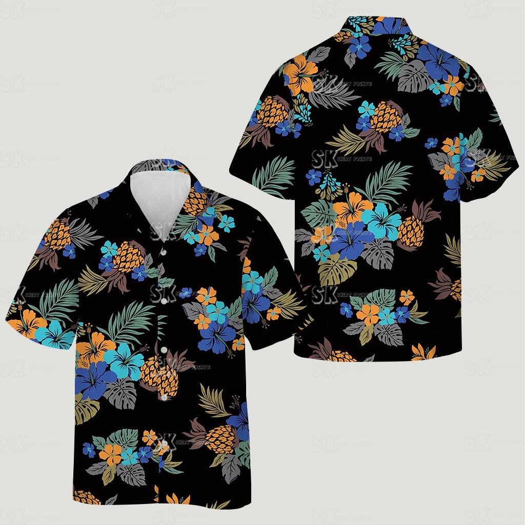 hawaiian shirt dog face among orange hibiscus, blue flowers, pineapples, black background