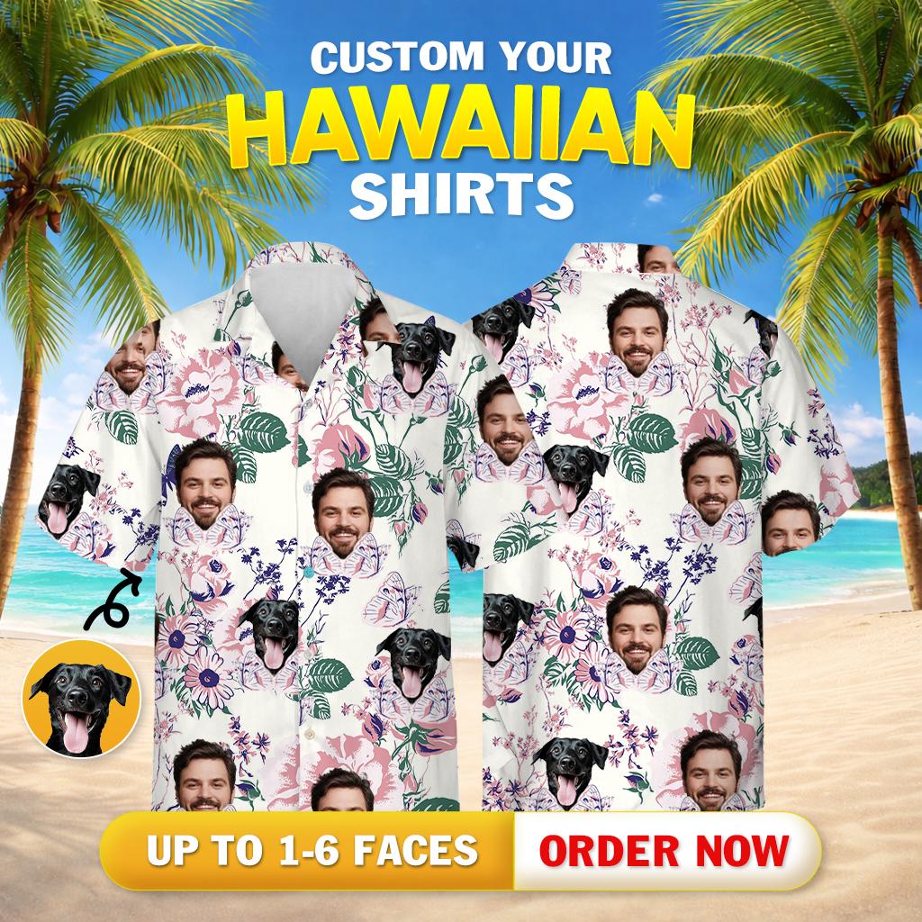 Hawaiian shirt with dog face, pink green purple flowers, man and dog faces