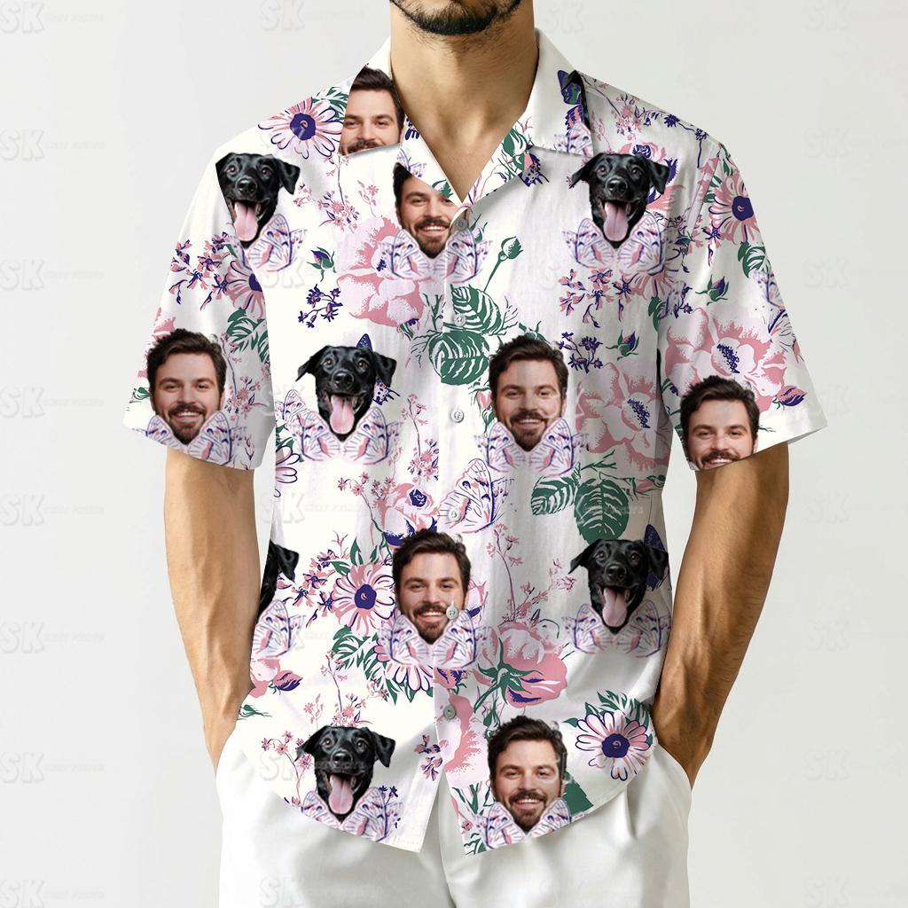 Hawaiian shirt with dog face, floral background, man's face, colorful blooms