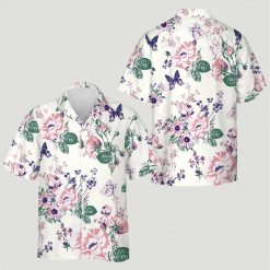 hawaiian shirt with dog face, pink flowers, green leaves, butterflies
