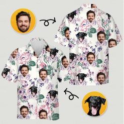 Hawaiian shirt with dog face, pink green purple floral, tropical pattern