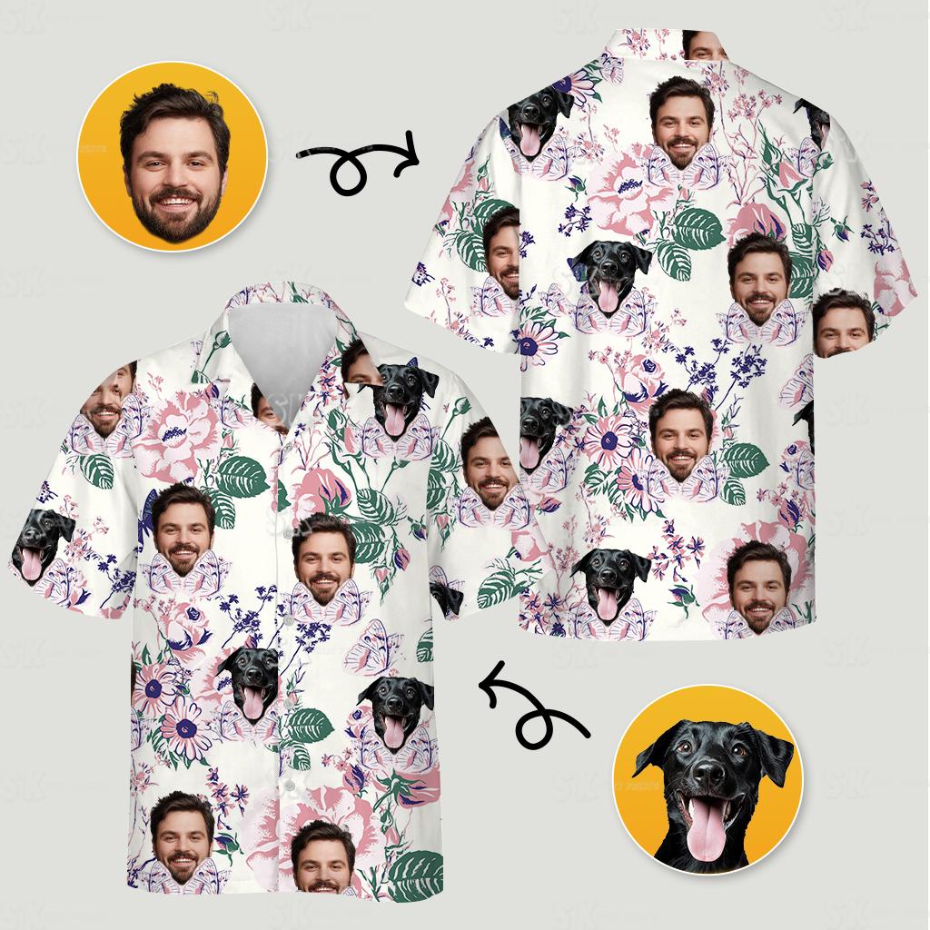 Hawaiian shirt with dog face, pink green purple floral, tropical pattern