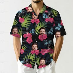 hawaiian shirt with face, black dog, hibiscus flowers, butterflies, leaves