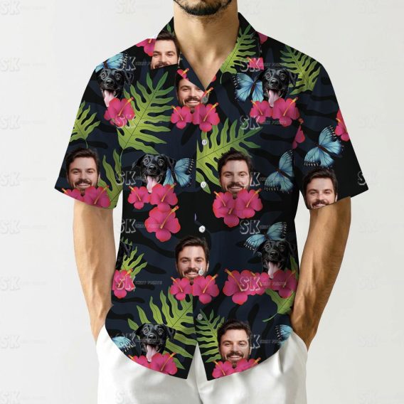 hawaiian shirt with face, black dog, hibiscus flowers, butterflies, leaves