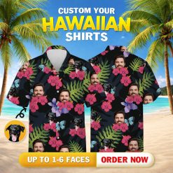 hawaiian shirt with face, dog face, ferns, flowers, butterflies, black background