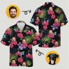 hawaiian shirt with face, dog and man faces, flowers, butterflies, ferns