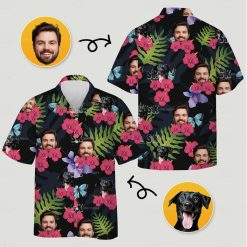 hawaiian shirt with face, dog and man faces, flowers, butterflies, ferns