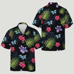 hawaiian shirt with face features green ferns, butterflies, pink flowers