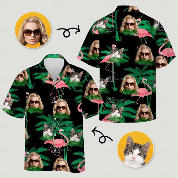 Hawaiian shirt with pink flamingos, woman's faces, cat faces, and green tropical leaves