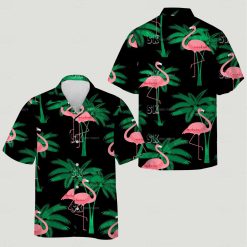 Hawaiian shirt with pink flamingos and green palm trees on black for adults