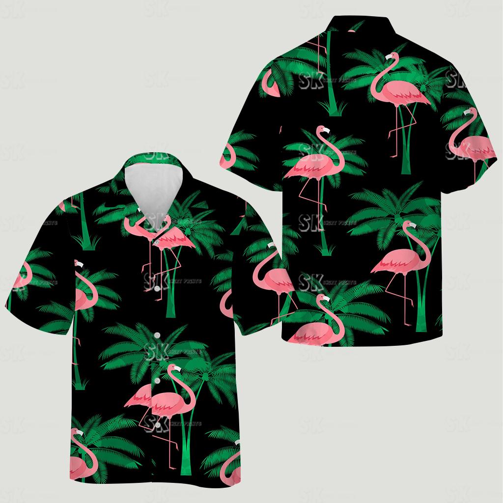 Hawaiian shirt with pink flamingos and green palm trees on black for adults