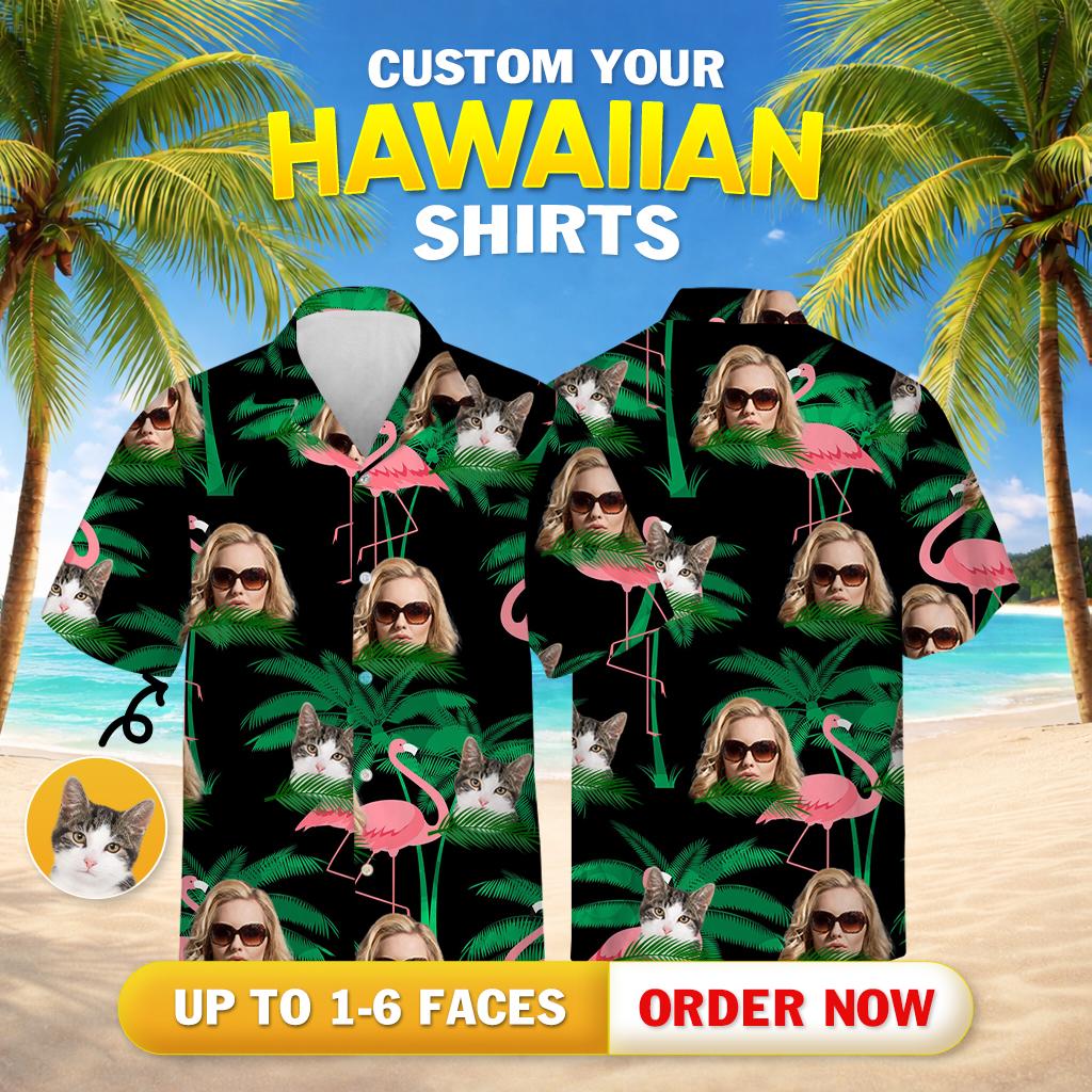hawaiian shirt with pink flamingos, cat and human faces, and palm leaves on black