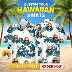 Hawaiian shirt women's outfit with woman's face in sunglasses, cat face, and green tropical leaves