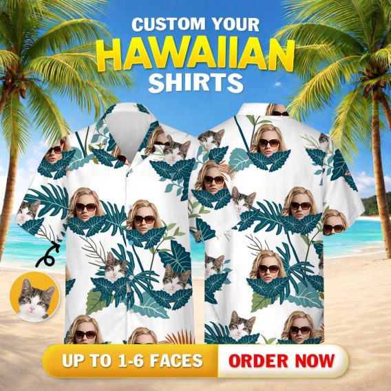 Hawaiian shirt women's outfit with woman's face in sunglasses, cat face, and green tropical leaves