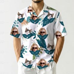 Hawaiian shirt women's outfit with sunglasses woman's face, cat face, blue green tropical leaves