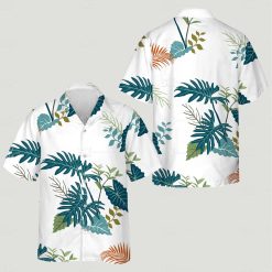 hawaiian shirt women's outfit with large green and teal tropical leaf pattern