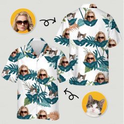 Hawaiian shirt women's outfit with tropical leaves, sunglasses person, and cat pattern