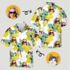 Hawaiian shirts for women with cats, woman in sunglasses, lemons, and green foliage printed on fabric