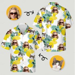 Hawaiian shirts for women with cats, woman in sunglasses, lemons, and green foliage printed on fabric