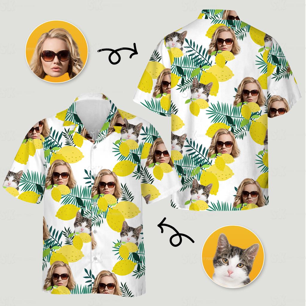 Hawaiian shirts for women with cats, woman in sunglasses, lemons, and green foliage printed on fabric