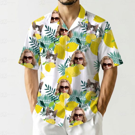 hawaiian shirts for women featuring yellow lemons, green leaves, cats, and a person with sunglasses