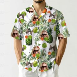 hawaiian shirts for women nearby featuring cat faces, a woman's face, pineapples, and citrus slices